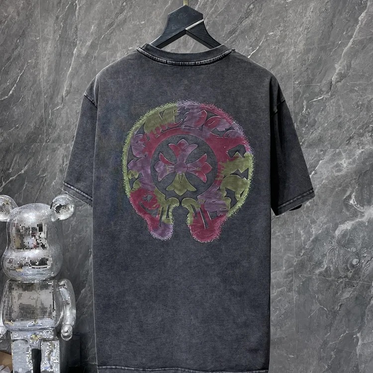 Cross horseshoe patchwork leather and ruffled short-sleeved T-shirt