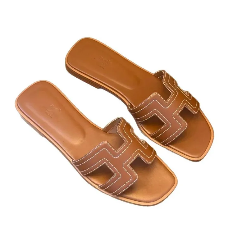 H family flat slippers for women, sheepskin all-inclusive embroidery thread for outer wear