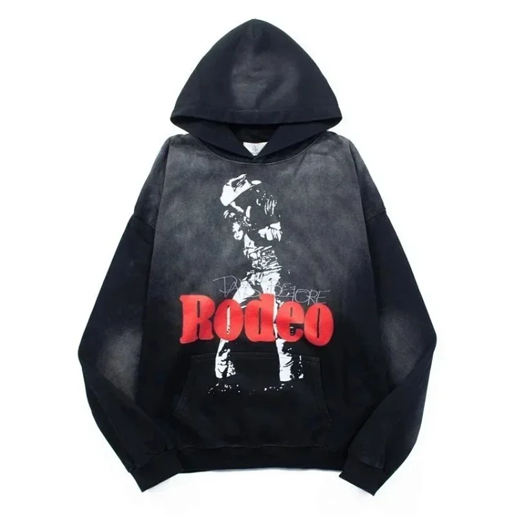 420g Heavyweight Washed Sweatshirt Travis Scott Hooded Sweatshirt Washed Spray Ma Liu Distressed Hoodie