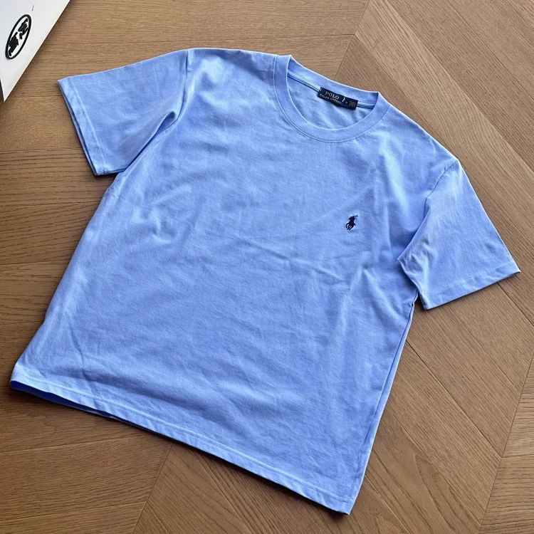 Versatile solid color classic cotton T-shirt with seven-color pony embroidery for couples