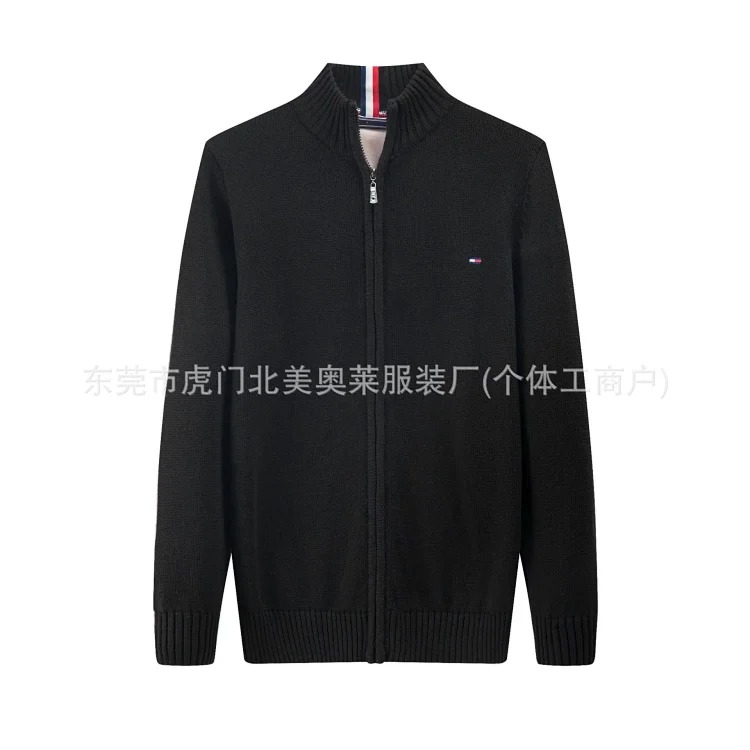 Men's sweater thickened stand collar zipper pullover sweater men's pure cotton embroidered sweater