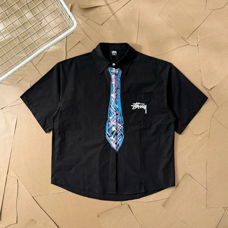 25SS Stussy Holiday Series St Spring and Floral Crayon Hand-painted Tie Short-sleeved T-Shirt