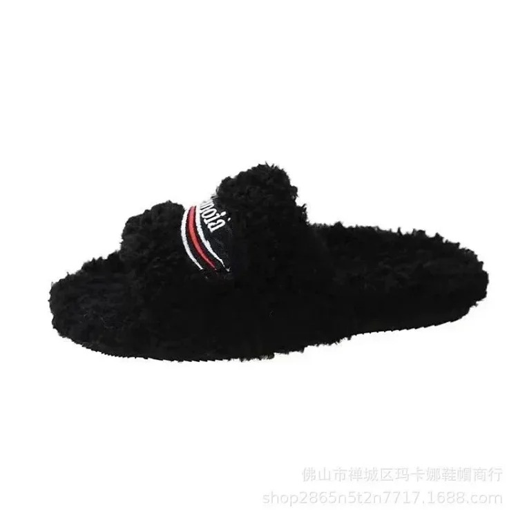Women's furry slippers 2024 new style letter embroidered thick sole lamb
