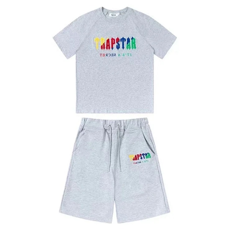Gradient letters white and blue towel embroidery short-sleeved T-shirt shorts men's couple casual suit ins