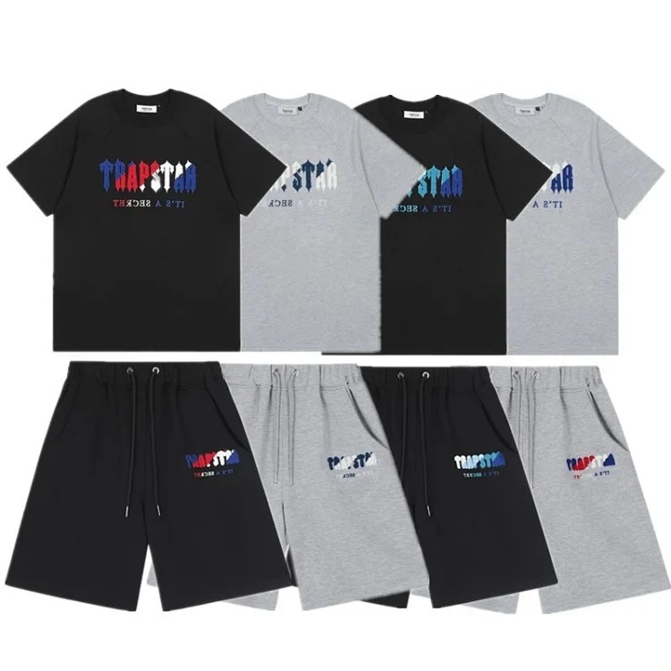 Gradient letters white and blue towel embroidery short-sleeved T-shirt shorts men's couple casual suit ins