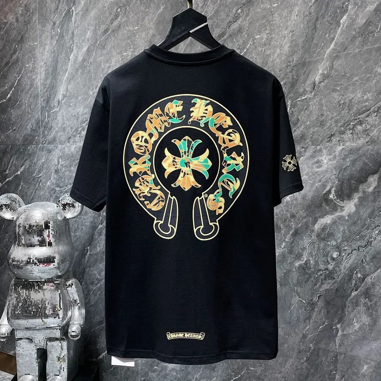 Cross horseshoe patchwork leather and ruffled short-sleeved T-shirt