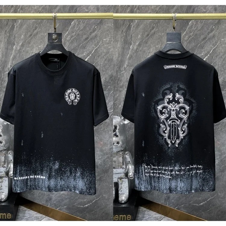 Cross horseshoe patchwork leather and ruffled short-sleeved T-shirt