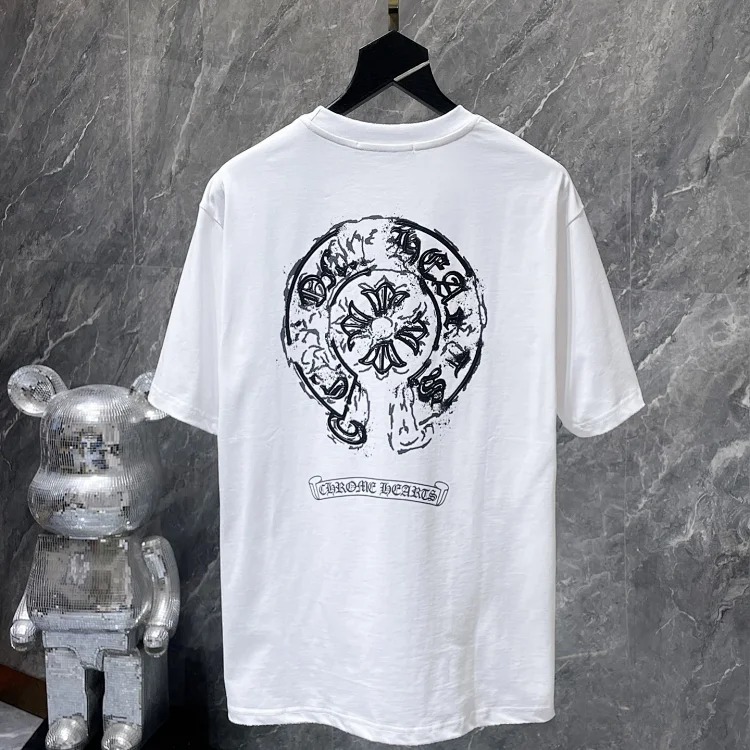 Cross horseshoe patchwork leather and ruffled short-sleeved T-shirt