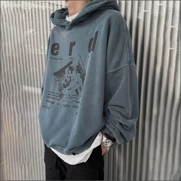 ERD Melancholy Rich Second Generation Washed and Distressed Letter Printed Hooded Sweatshirt