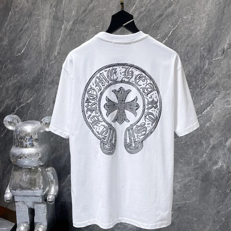 Cross horseshoe patchwork leather and ruffled short-sleeved T-shirt