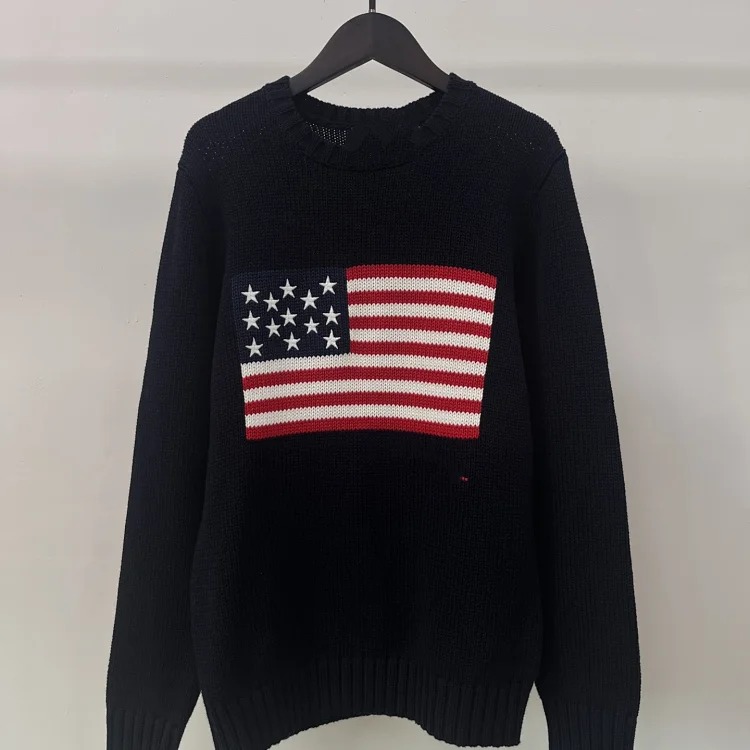 Five-pointed star embroidered striped flag pullover round neck knitted sweater for women for men and women