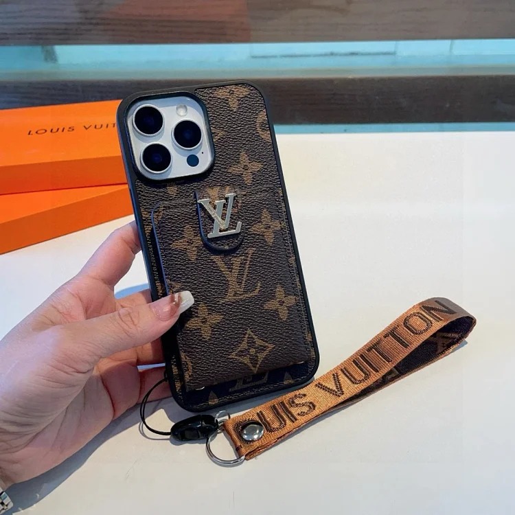 Louis Vuitton 老花拼接原版皮套 卡套经典老花手机壳 强磁吸➕logo支架手机壳蒙田系列卡包手机壳，刺绣织带肩带邮差包卡包手机壳 斜挎手机壳 老花上下翻盖全包壳