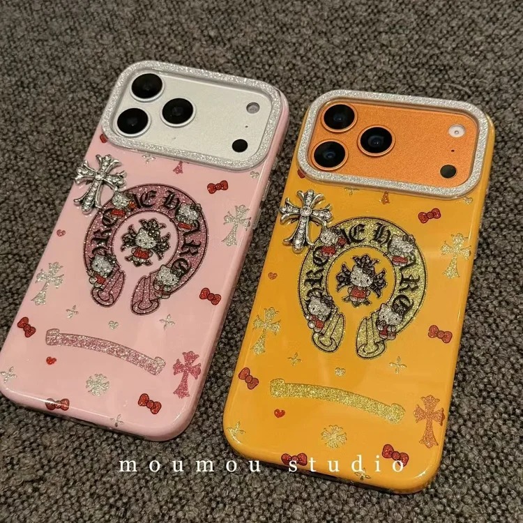 Chrome Hearts 潮酷卡通闪粉克罗心猫咪适用i Phone17promax苹果16手机壳15新款14