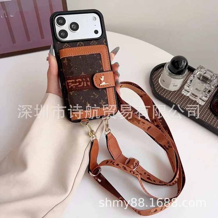 Leather luxury cross-body suitable for Apple 16promax mobile phone case trendy brand ihone17 advanced card holder protective cover