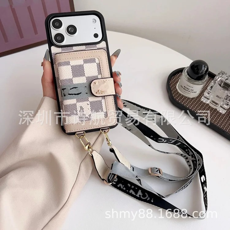 Leather luxury cross-body suitable for Apple 16promax mobile phone case trendy brand ihone17 advanced card holder protective cover