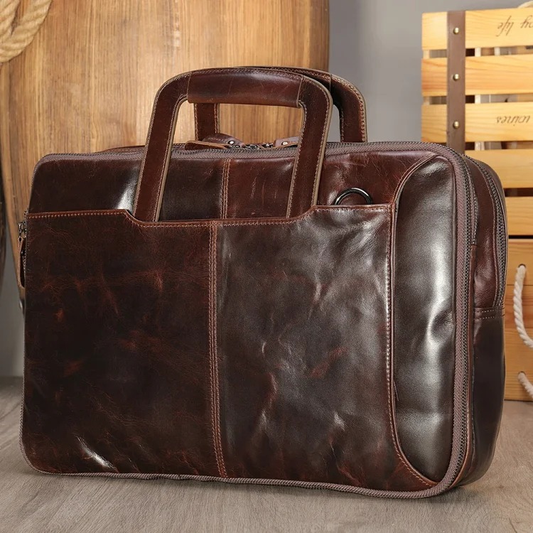 跨境复古商务公文包多功能油蜡牛皮背包男公文包men briefcase