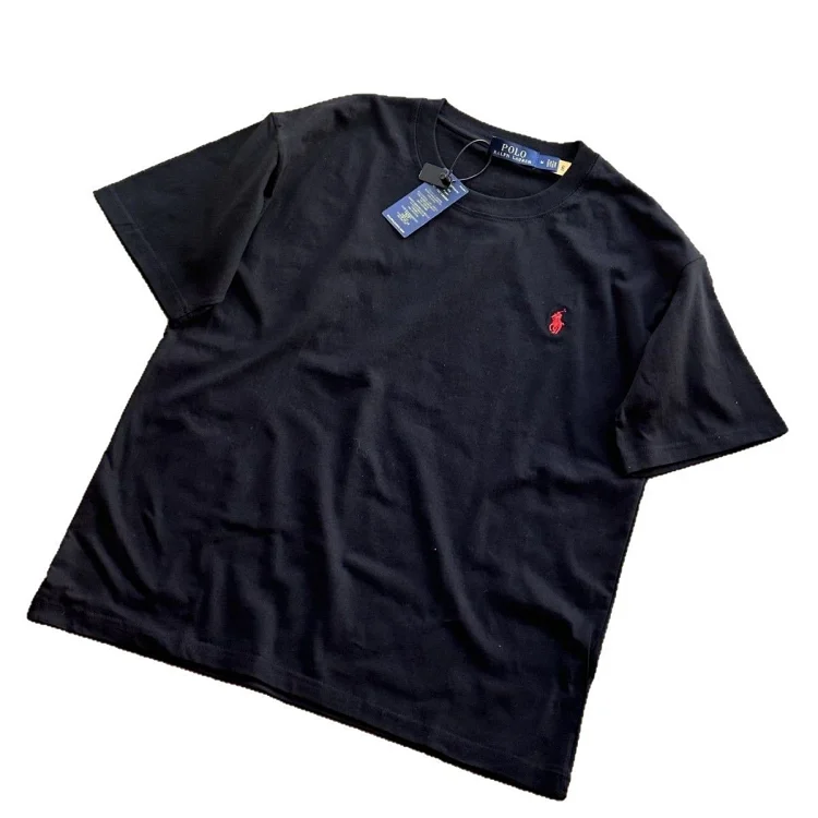 Versatile solid color classic cotton T-shirt with seven-color pony embroidery for couples