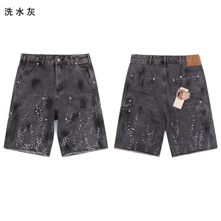 Beautiful trendy hell denim straight-leg five-quarter pants retro casual shorts diamond wash pants street