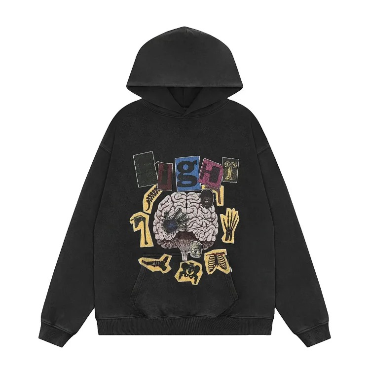 Distressed brain print casual loose hooded sweatshirt for men and women