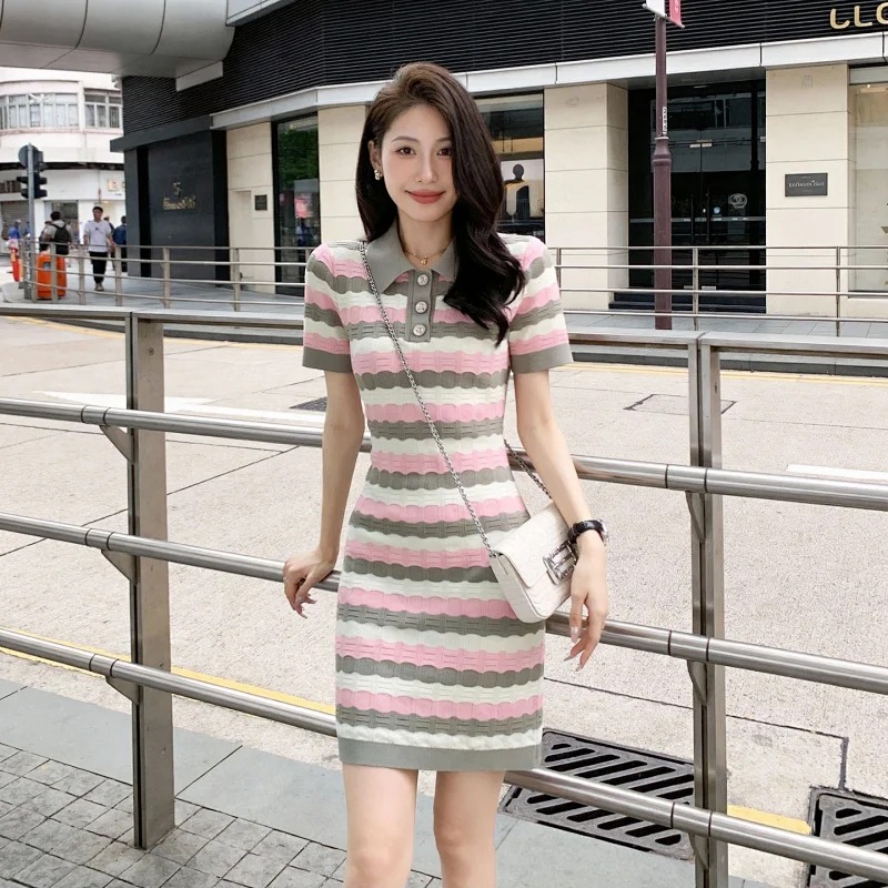 Skirt Summer New Socialite Small Fragrant Style Striped French Knitted Dress