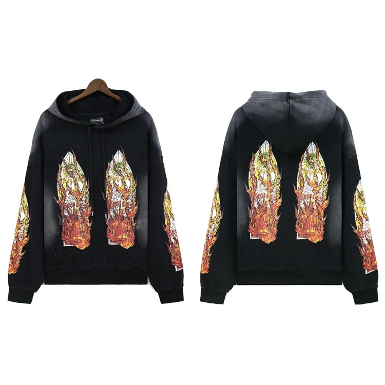 Washed distressed heavy industry print suit retro hooded sweatshirt