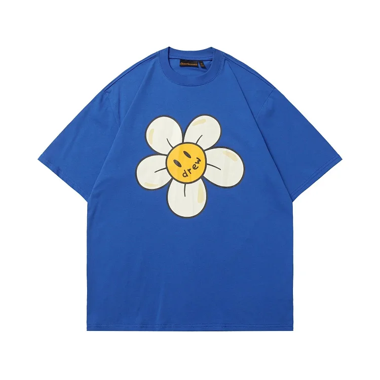 DREW HUOSE Summer classic Justin Bieber matching smiley face pattern round neck versatile T-shirt for couples