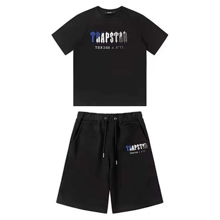 Gradient letters white and blue towel embroidery short-sleeved T-shirt shorts men's couple casual suit ins