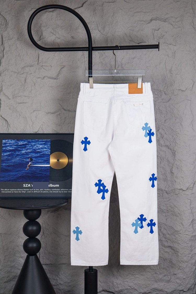 Chrome Hearts Cross White Blue Label Leather Jeans Pants