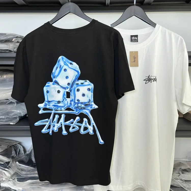 Stussy SS23 Spring and Summer Series Ice Cube Pattern Printed Loose Round Neck T-Shirt