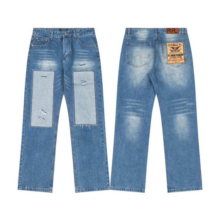 Scannable high version of Raff Ralph Lauren spring and summer new retro patch blue washed straight loose jeans couple style