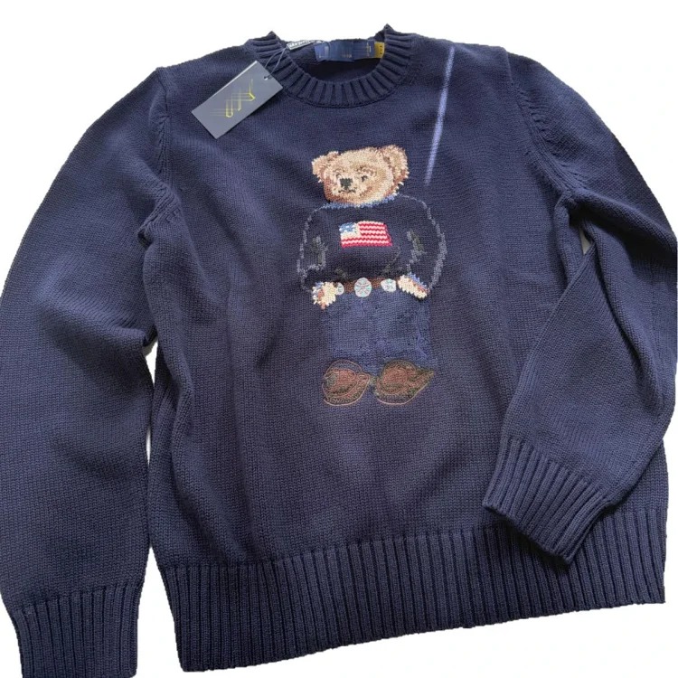 Bear's new autumn and winter pure cotton heavy embroidery cartoon round neck knitted sweater