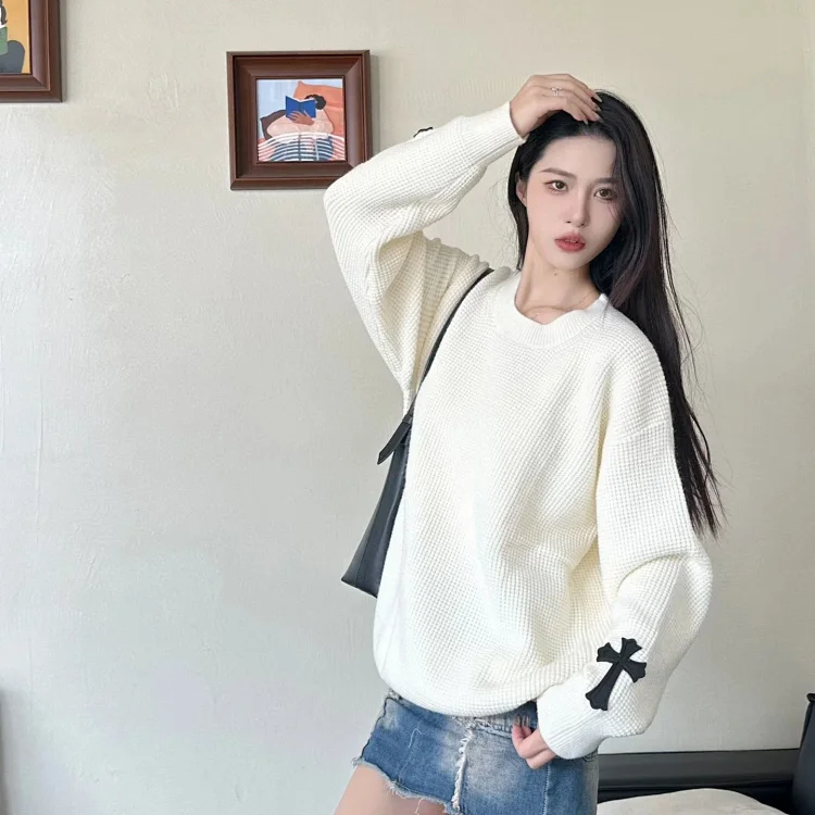 CH cuffs cross-frame leather waffle pullover sweater for men and women