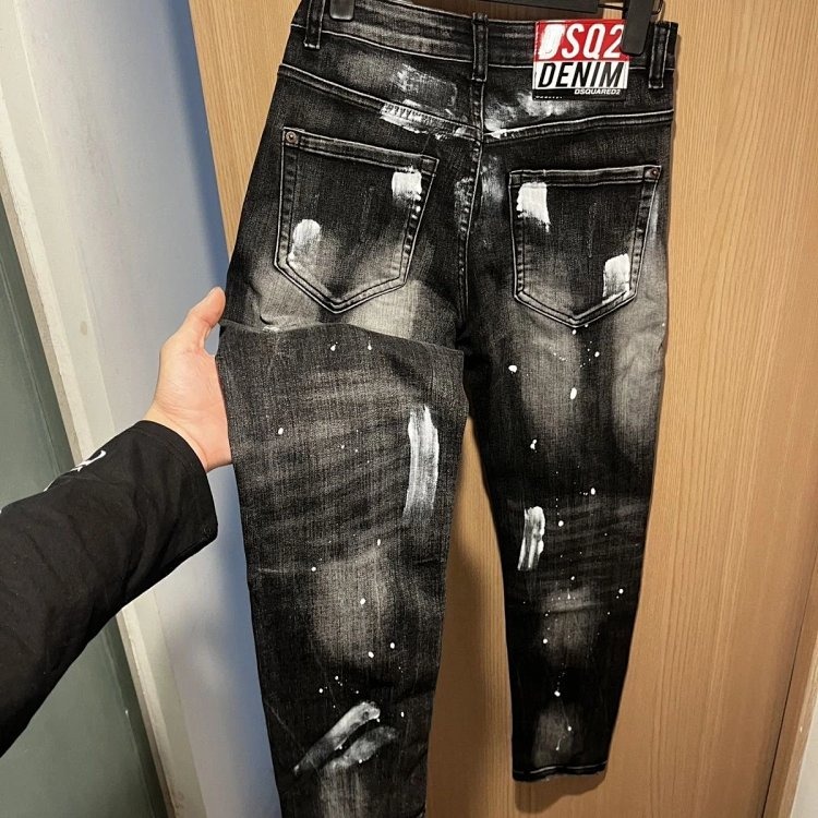 DSQUARED2 Knife Cut Ink Ripped Denim Pants Men's Black Light Luxury Straight Leg Slim Fit Pants