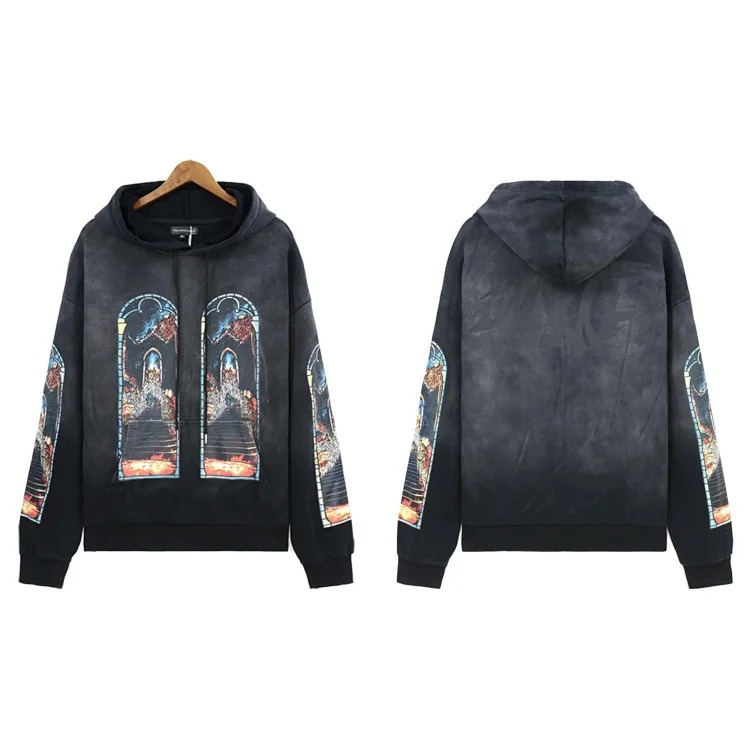Washed distressed heavy industry print suit retro hooded sweatshirt