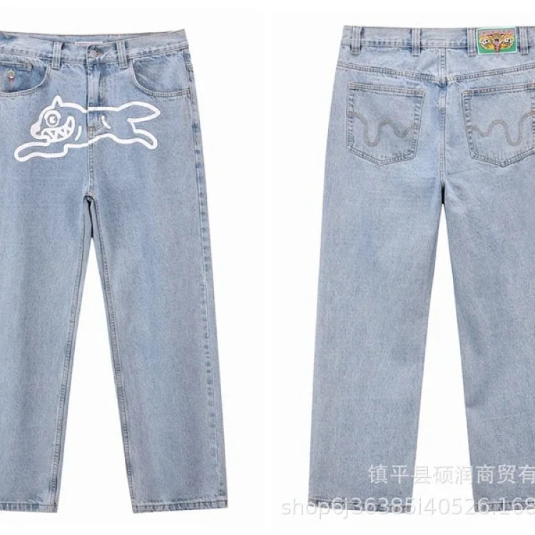 American high street fashion brand flying dog print unisex denim trousers