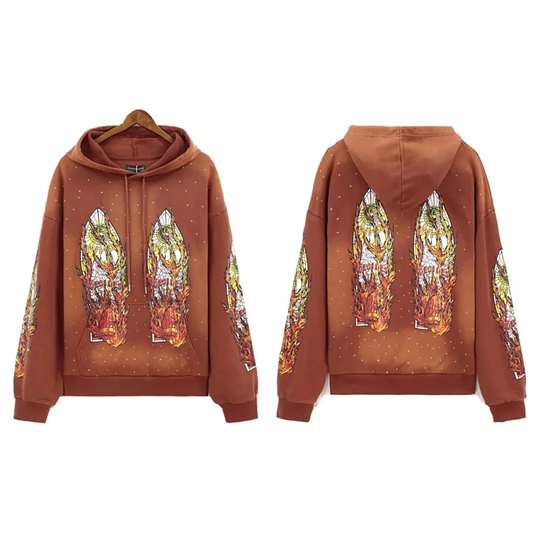 Washed distressed heavy industry print suit retro hooded sweatshirt