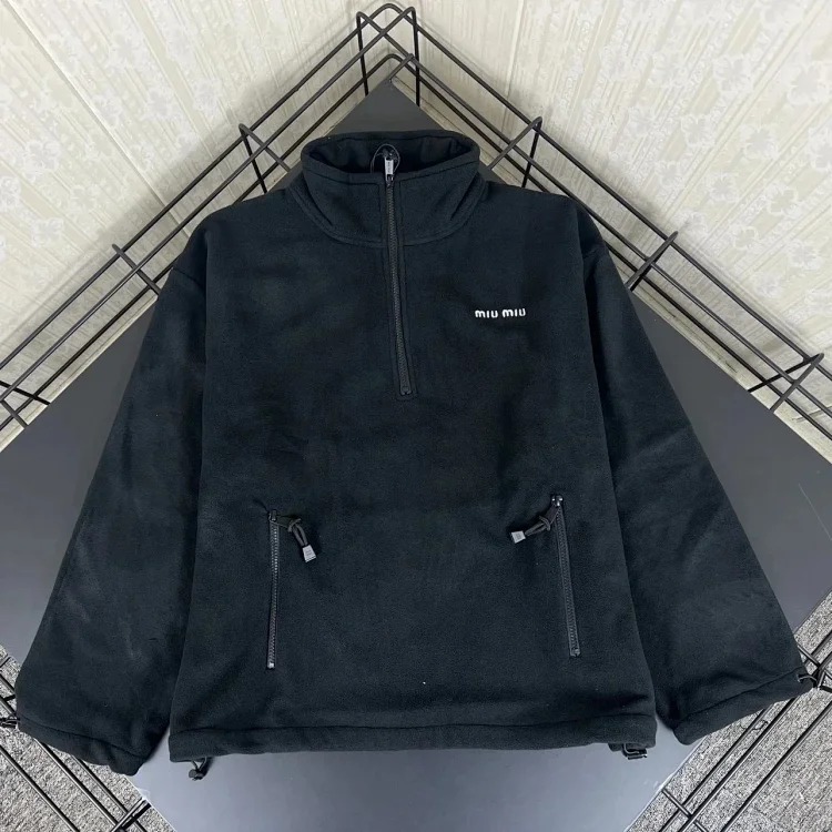 Miu Miu 2024 Black Half-Zip Lambswool Polar Fleece Teddy Jacket