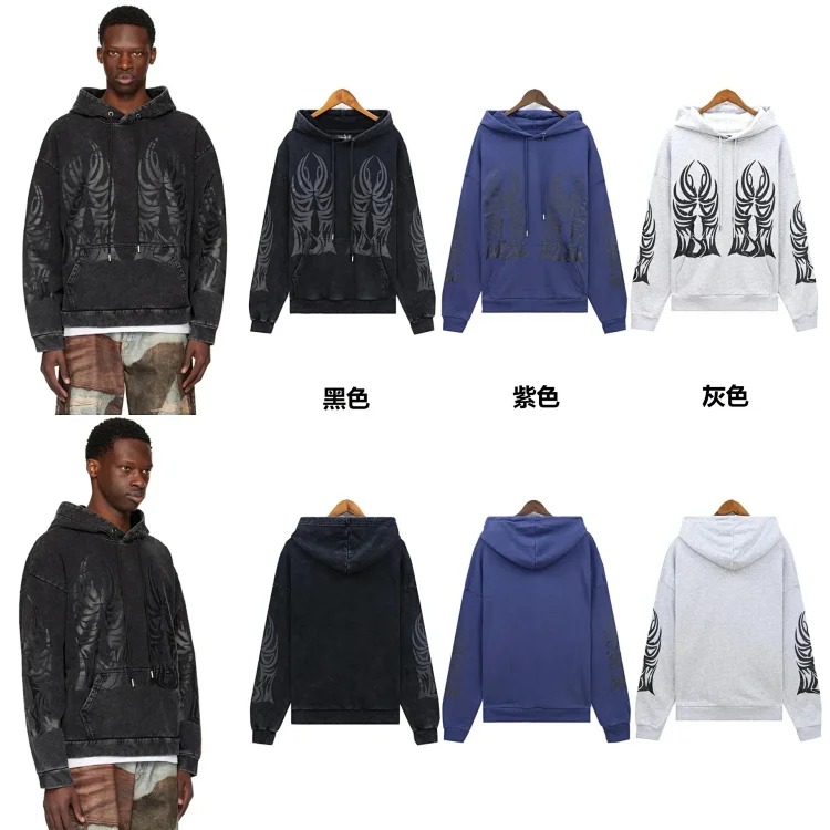 Washed distressed heavy industry print suit retro hooded sweatshirt