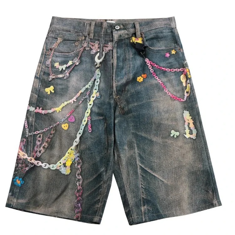 Ac style 3D digital print candy chain jeans cat whiskers distressed cropped pants straight wide leg shorts
