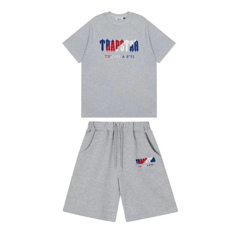 Gradient letters white and blue towel embroidery short-sleeved T-shirt shorts men's couple casual suit ins