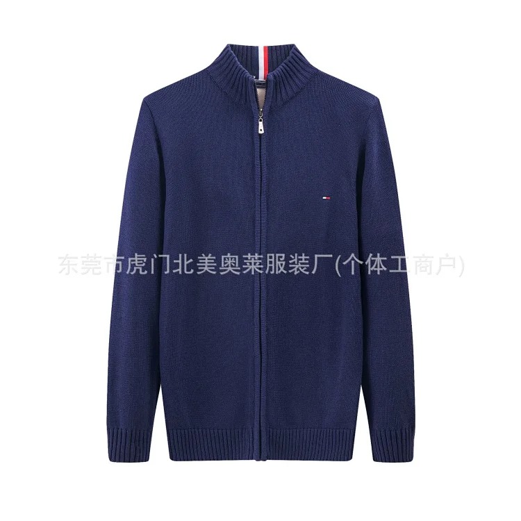 Men's sweater thickened stand collar zipper pullover sweater men's pure cotton embroidered sweater