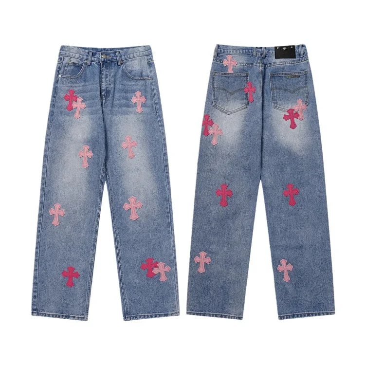 Chrome Hearts High-quality Leather Cross Men's and Women's American Straight-through Loose Jeans