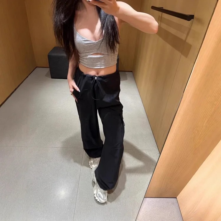 Paratrooper Overalls, Wide-leg Pants, High-waisted Casual Slimming, Lightweight, Quick-drying Drawstring Sports Casual Trousers
