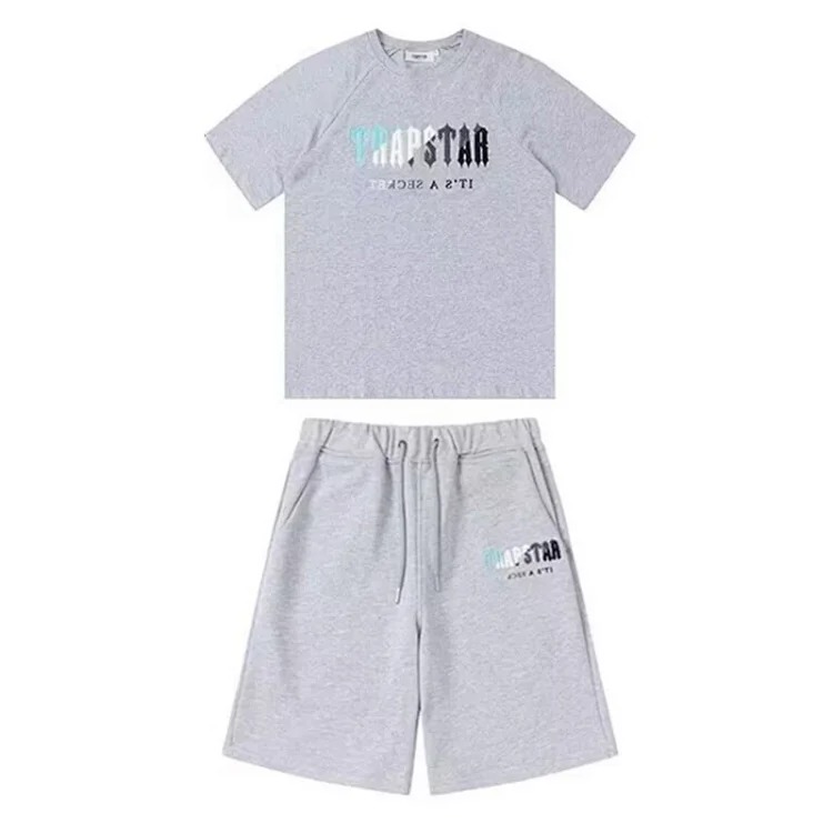 Gradient letters white and blue towel embroidery short-sleeved T-shirt shorts men's couple casual suit ins