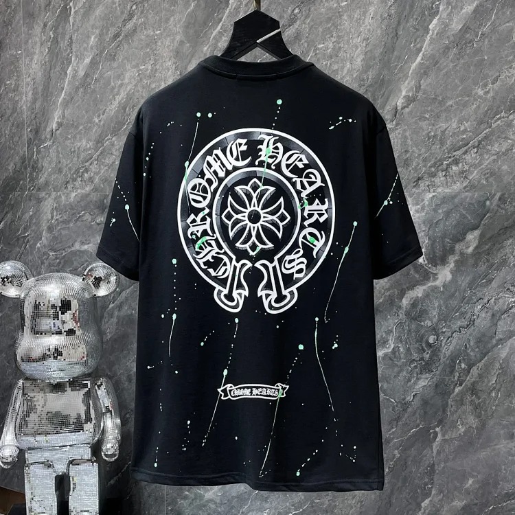 Cross horseshoe patchwork leather and ruffled short-sleeved T-shirt