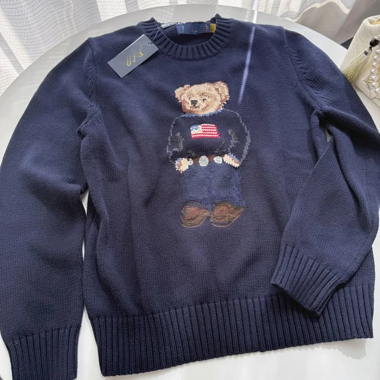 Bear's new autumn and winter pure cotton heavy embroidery cartoon round neck knitted sweater