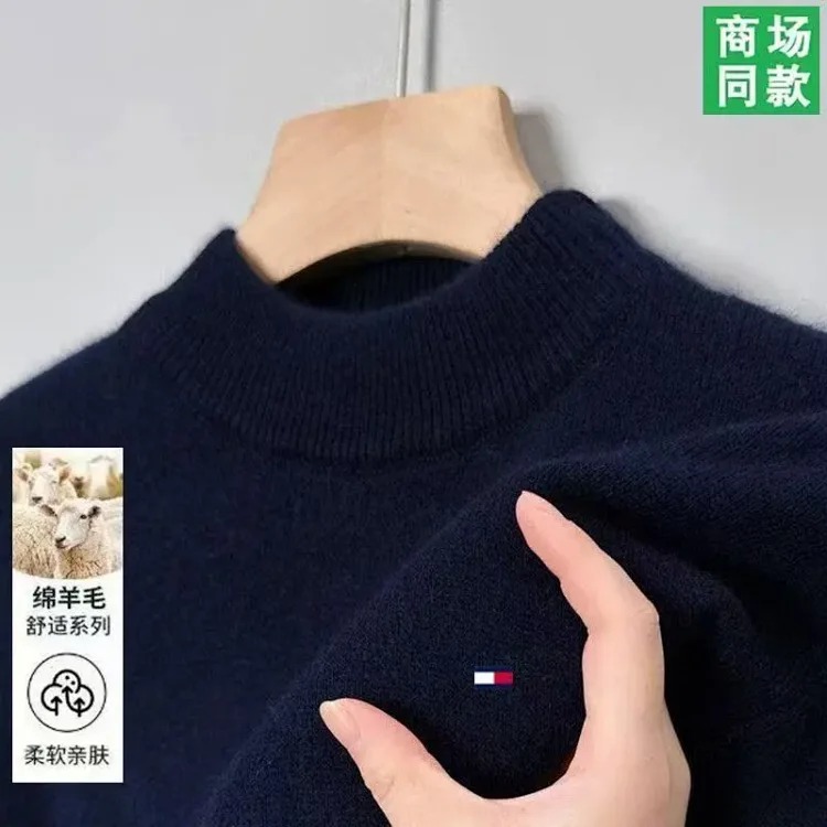 Tommy men's wool sweater winter cashmere half turtleneck thickened bottoming knitted pullover high-end sweater