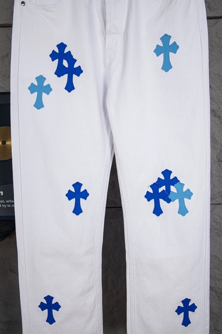 Chrome Hearts Cross White Blue Label Leather Jeans Pants