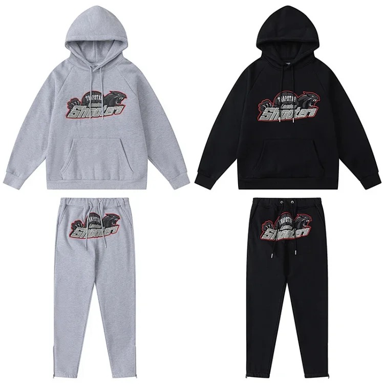 Gradient letter tiger head embroidery hooded sweatshirt + long pants sports suit