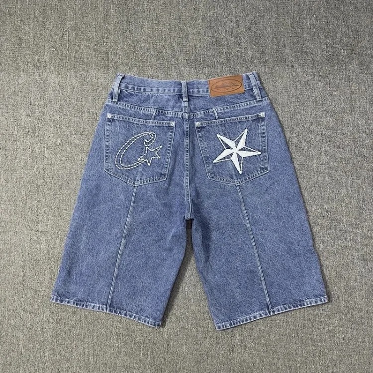 Corteiz Alcatraz jeans star embroidered jacket high street retro distressed shorts five-quarter pants trendy
